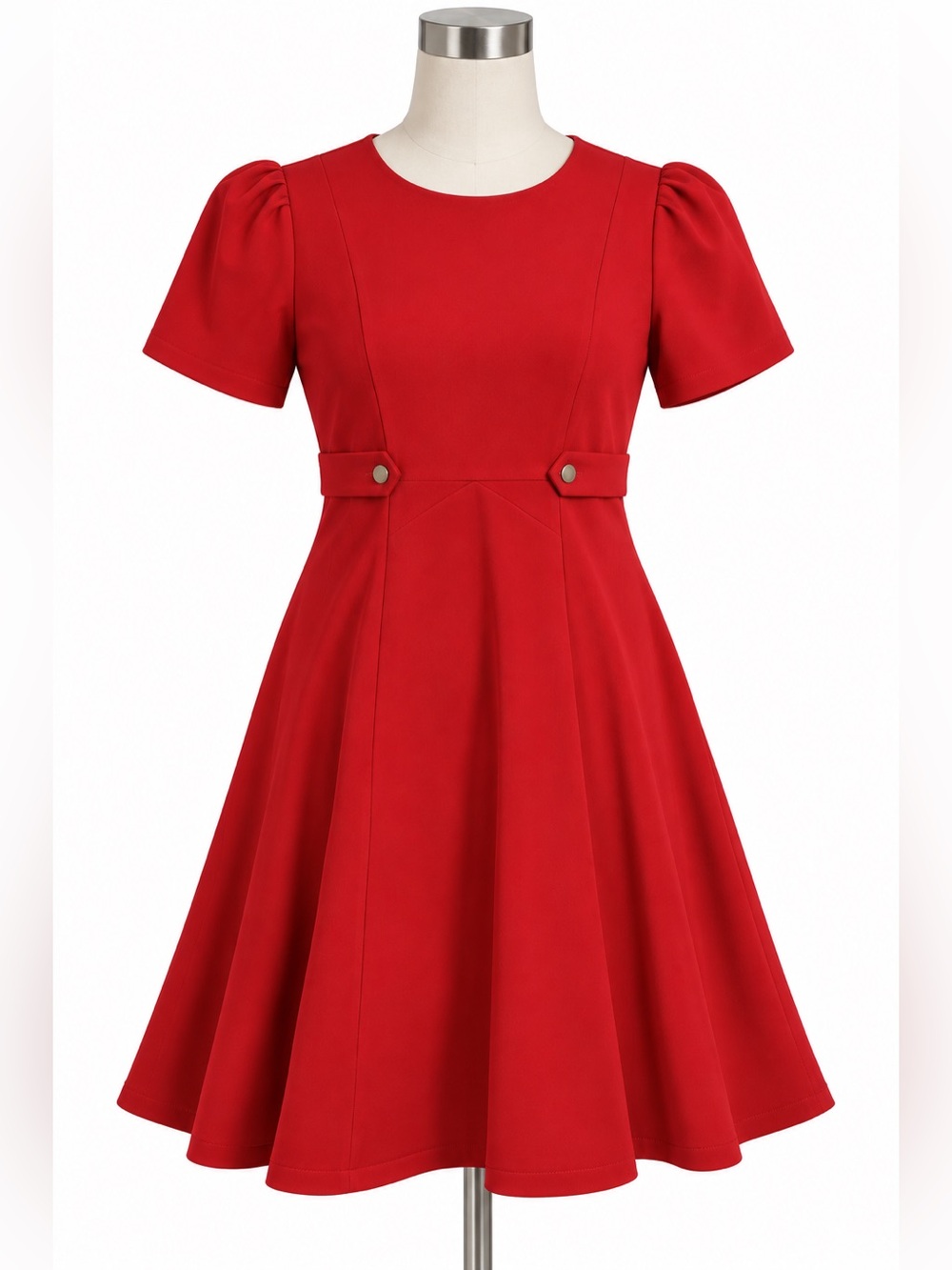 London Times Dress Womens 12 Red Puff Sleeve Fit Flare Preppy Work Office Knee